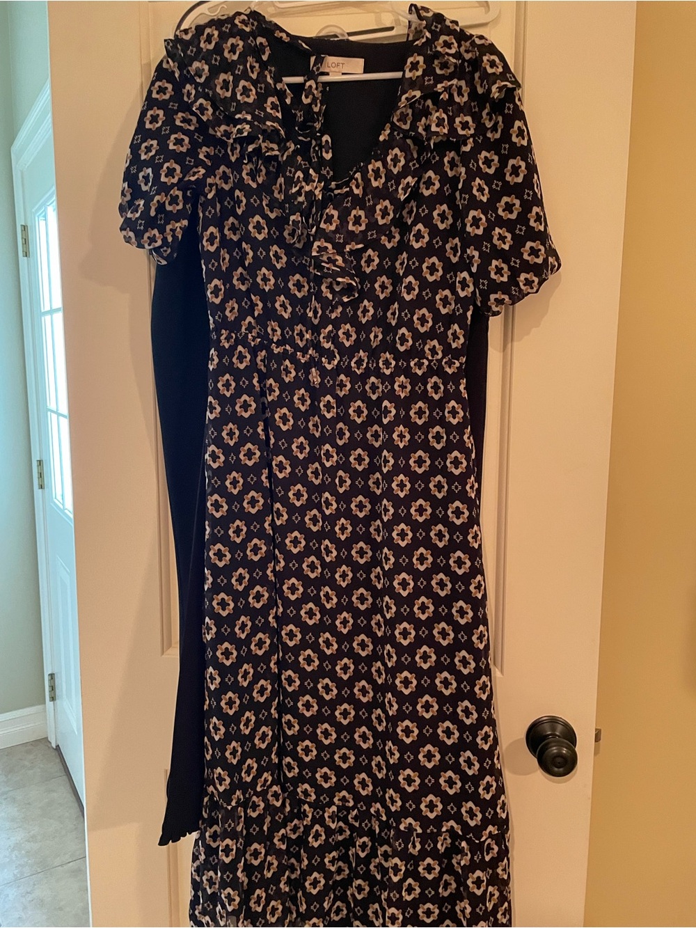 LOFT Black Dress with Cream Floral Print and Ruffle Neckline